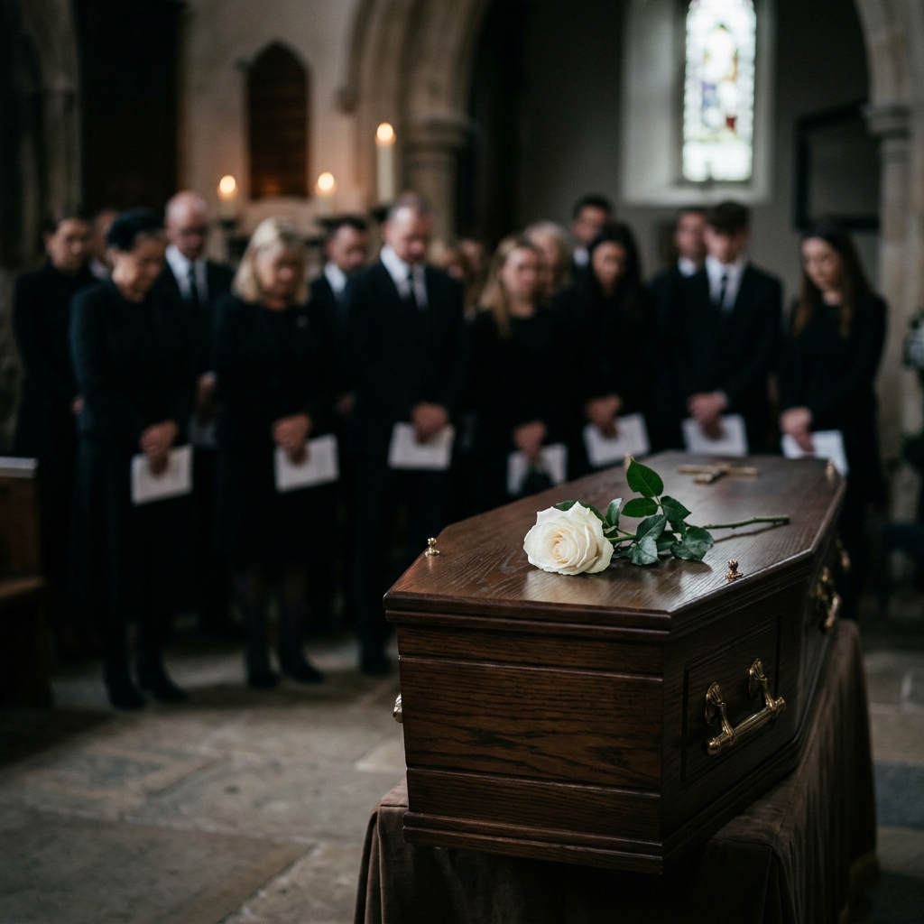 Velación funeraria con flores y personas